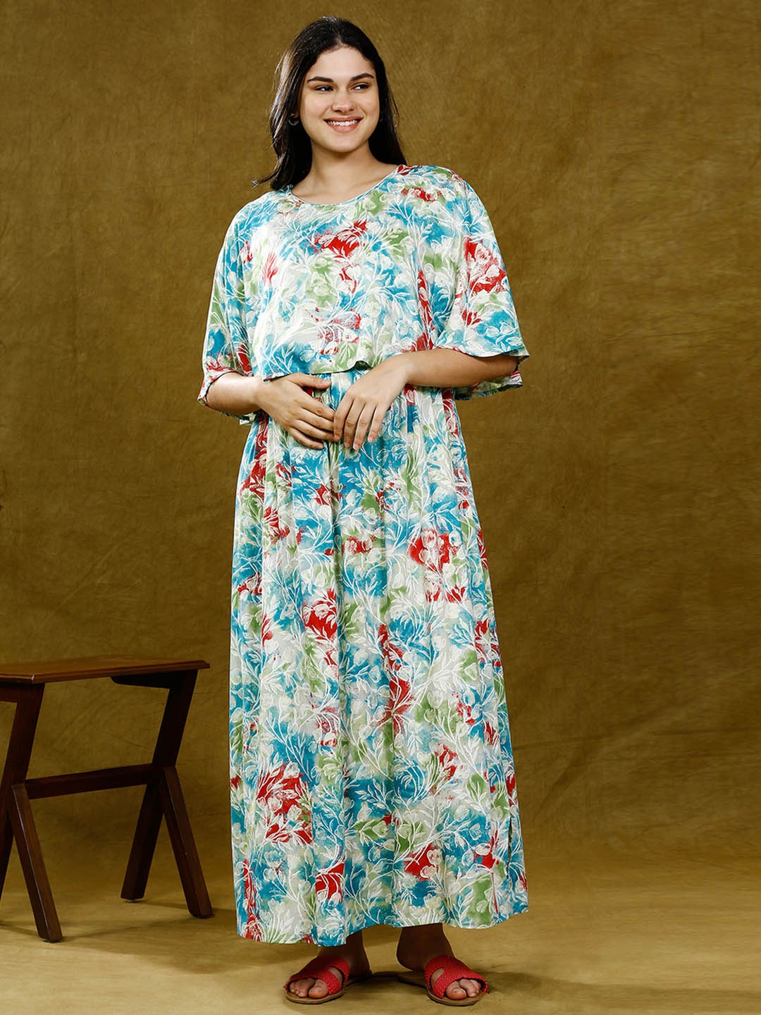 

DUMMY SHAPE Floral Print Cape Sleeve Maternity Maxi Dress, Blue