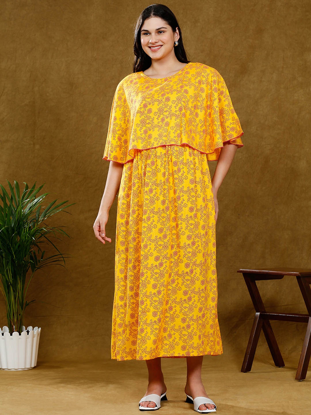 

DUMMY SHAPE Women Ethnic Motifs Printed Pure Cotton Maternity Maxi Dress, Yellow