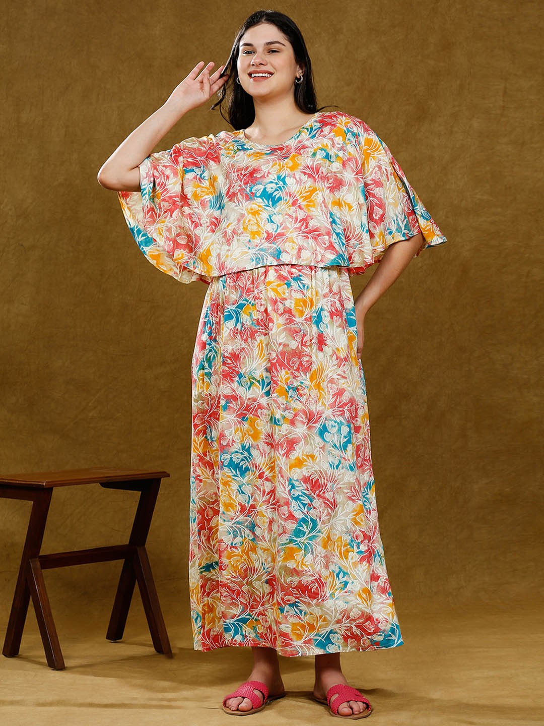 

DUMMY SHAPE Floral Print Cape Sleeve Maternity Maxi Dress, Red