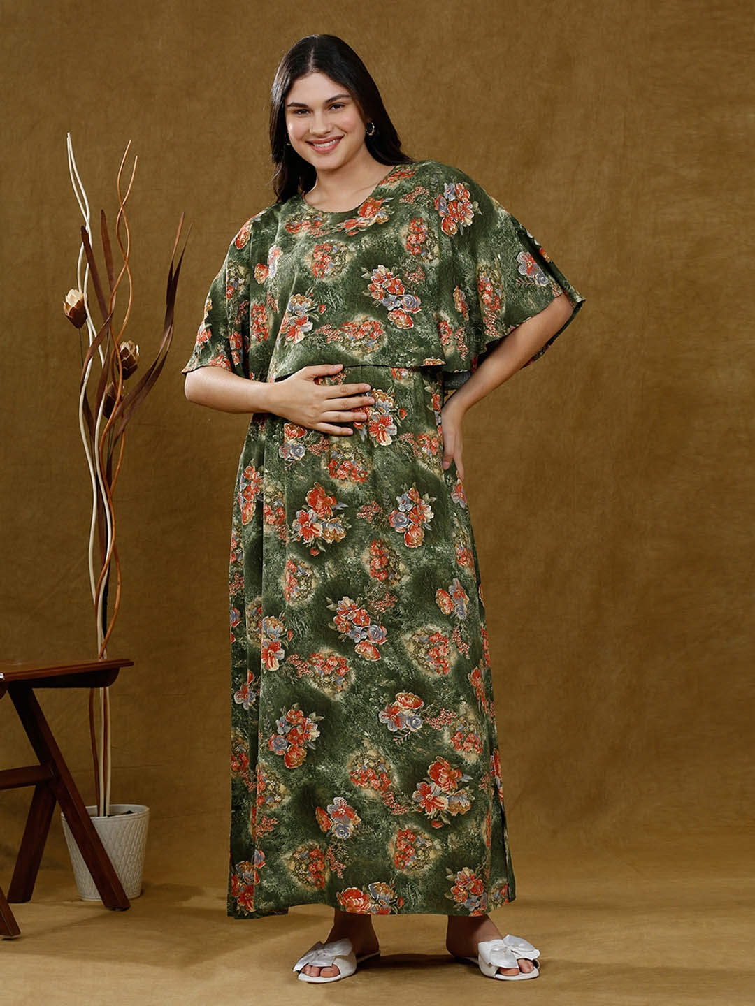 

DUMMY SHAPE Floral Print Cape Sleeve Maxi Dress, Green