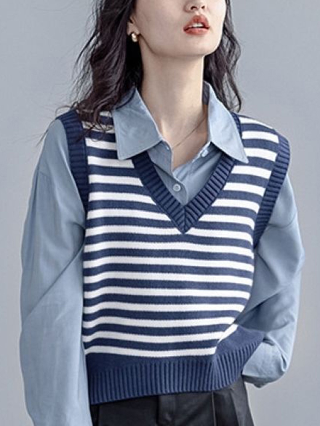 

HERE&NOW Women Striped Cotton Sweater Vest, Navy blue