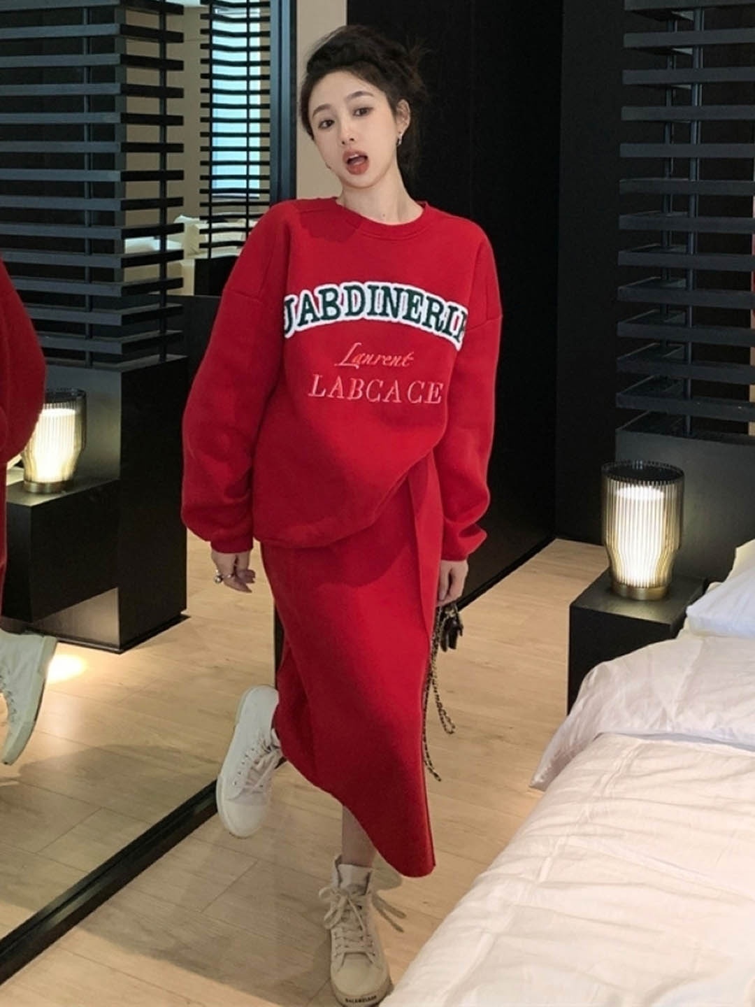 

HERE&NOW Printed Round Neck Sweatshirt With Skirt, Red