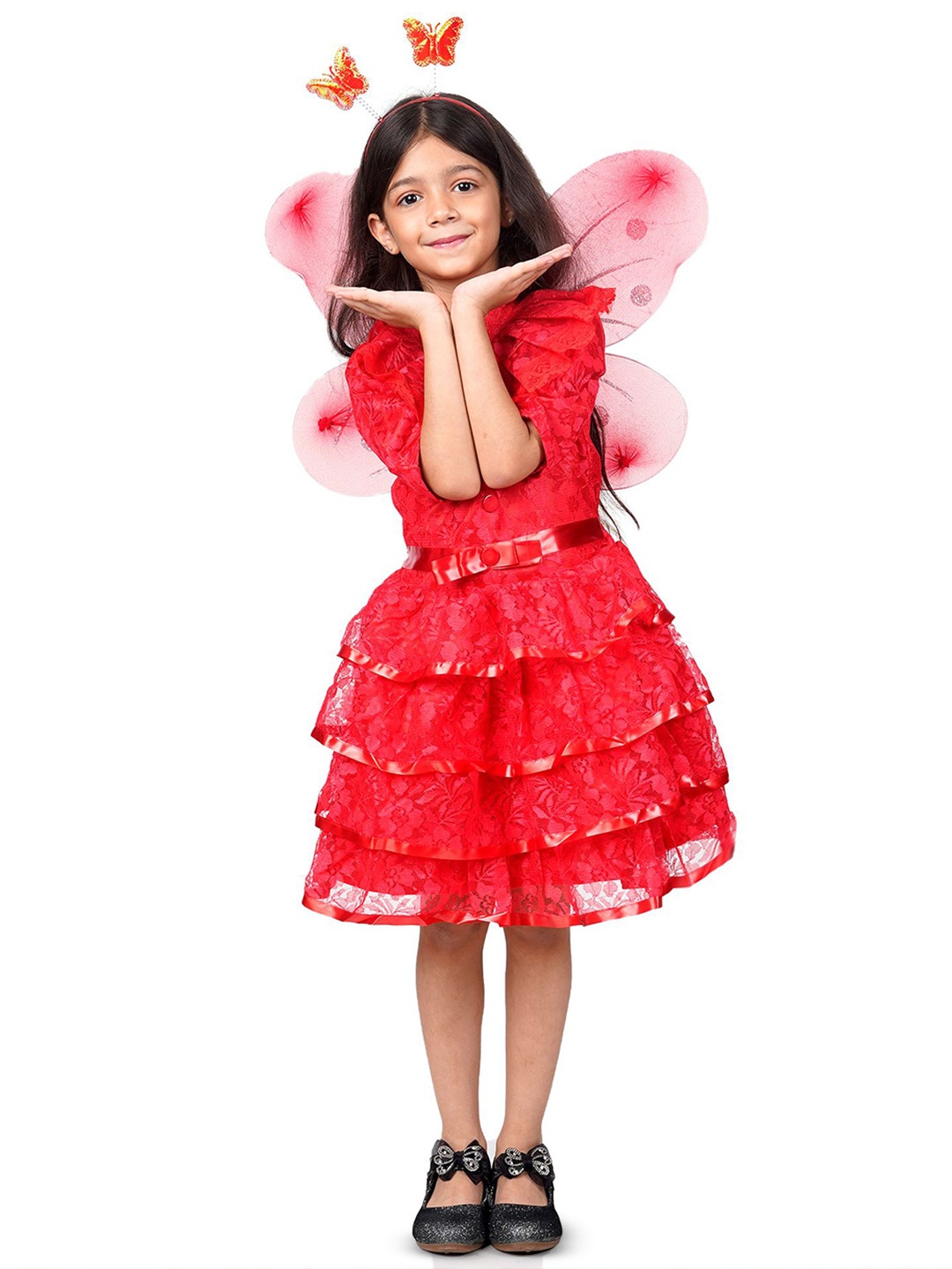 

itsmycostume Girls Round Neck Short Sleeves Ruffles Fit & Flare Dress, Red
