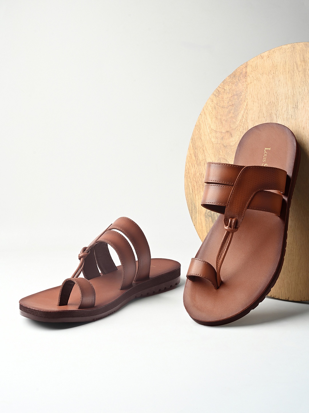

LOUIS STITCH Men Tan Italian Crust Leather Toe Ring Flip-Flops Slipper for Men, Brown