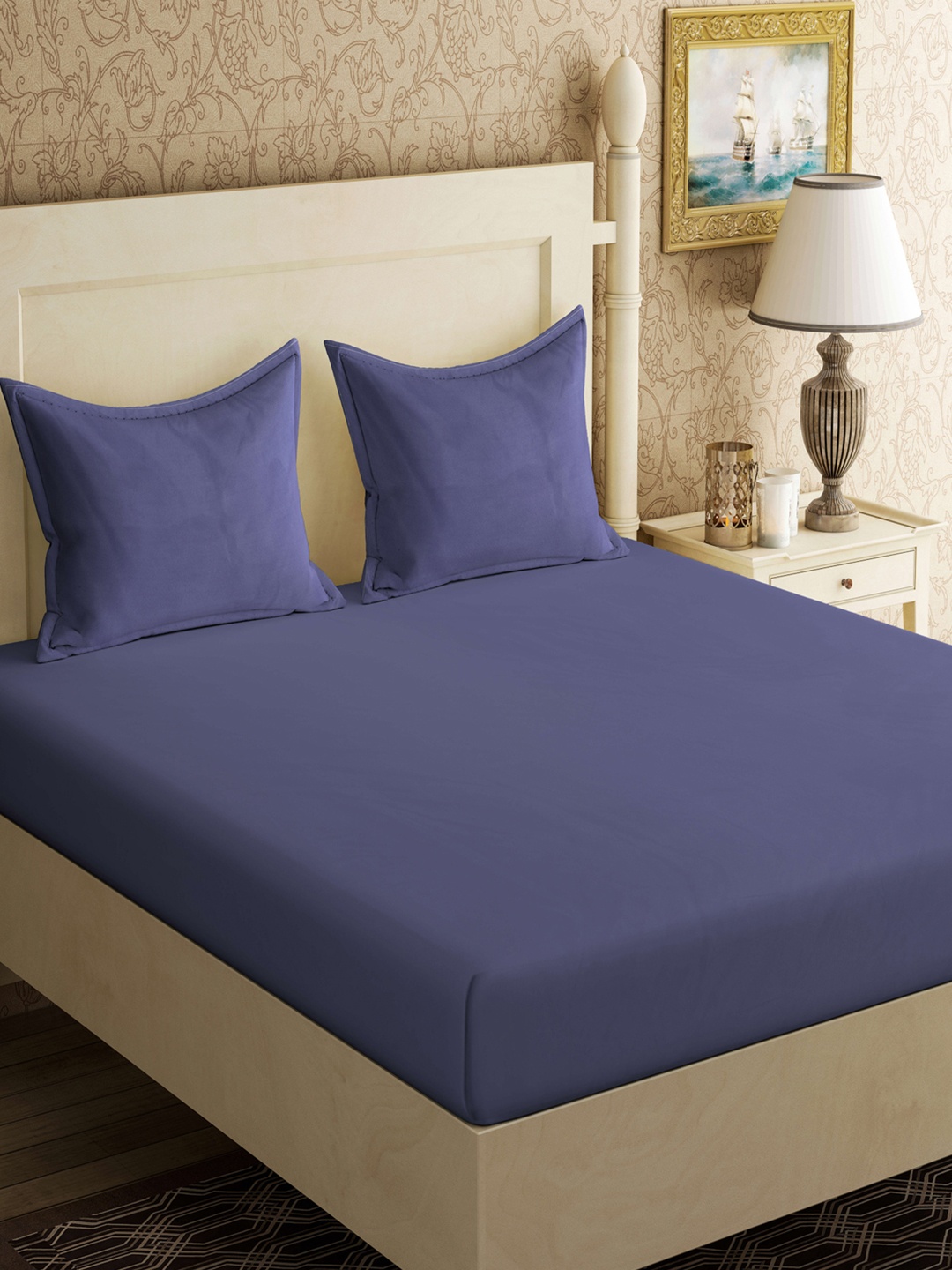 

Aura Blue Solid Fitted 300TC King Bedsheet With 2 Pillow Cover