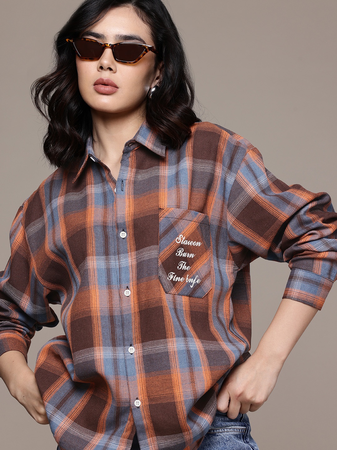 

The Roadster Life Co. Checked Oversized Casual Shirt, Brown