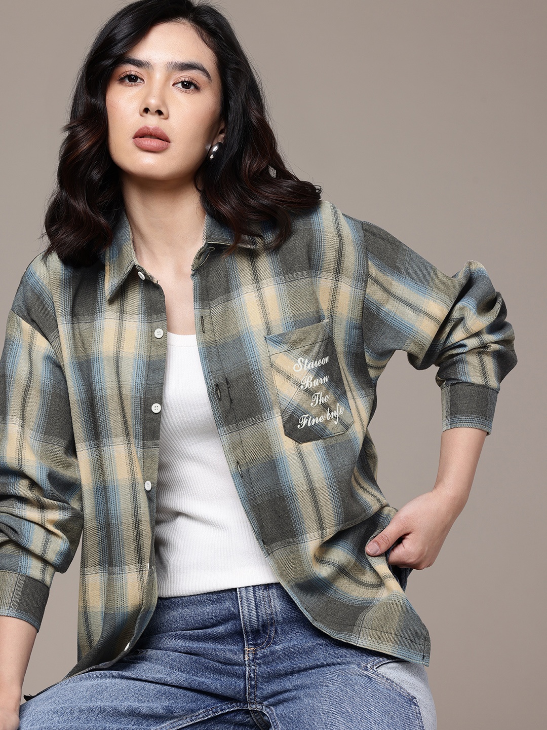 

The Roadster Life Co. Checked Oversized Casual Shirt, Grey