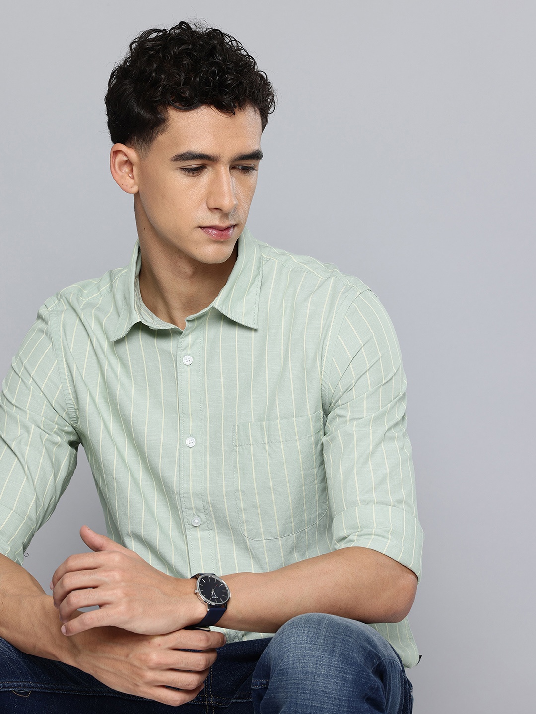 

Flying Machine Pure Cotton Slim Fit Striped Casual Shirt, Green