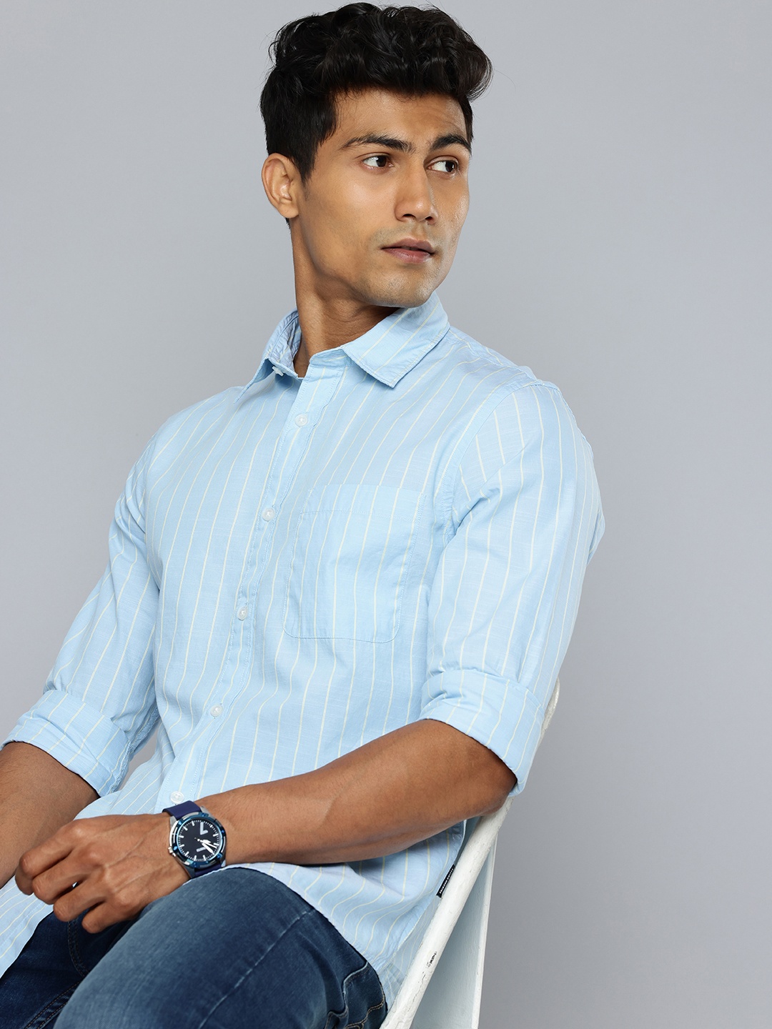 

Flying Machine Pure Cotton Slim Fit Striped Casual Shirt, Blue