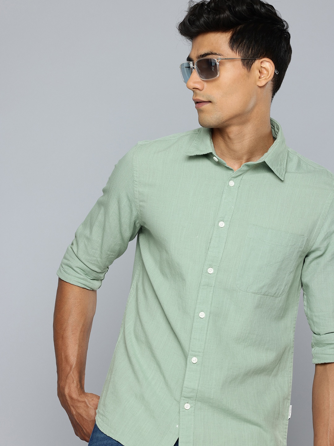 

Flying Machine Cotton-Linen Slim Fit Casual Shirt, Green