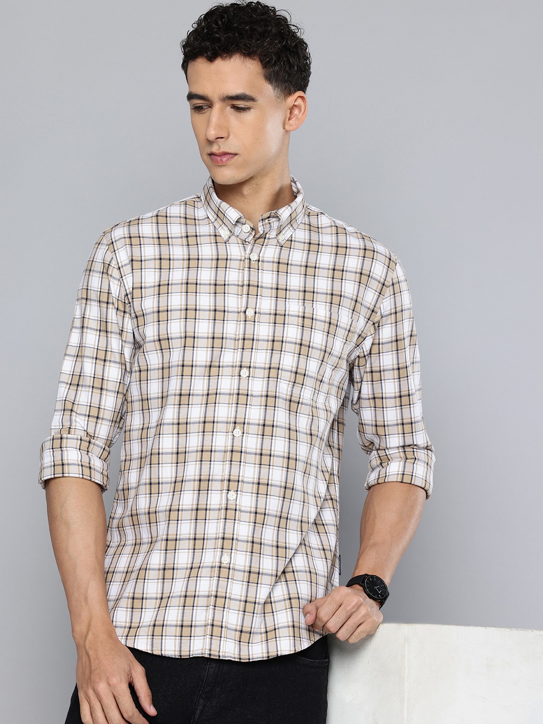 

Flying Machine Pure Cotton Slim Fit Checked Casual Shirt, Beige