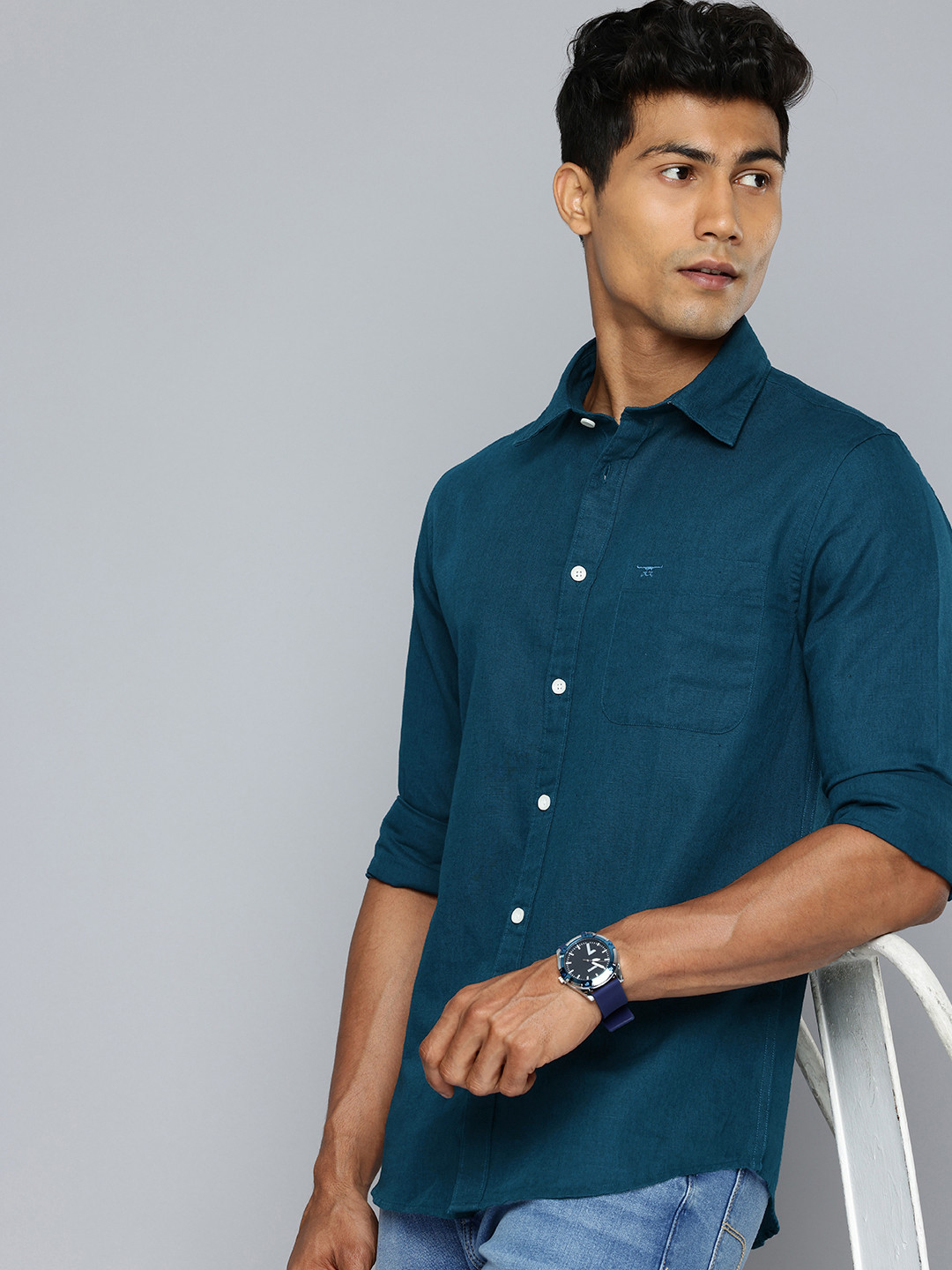 

Flying Machine Cotton-Linen Slim Fit Casual Shirt, Teal