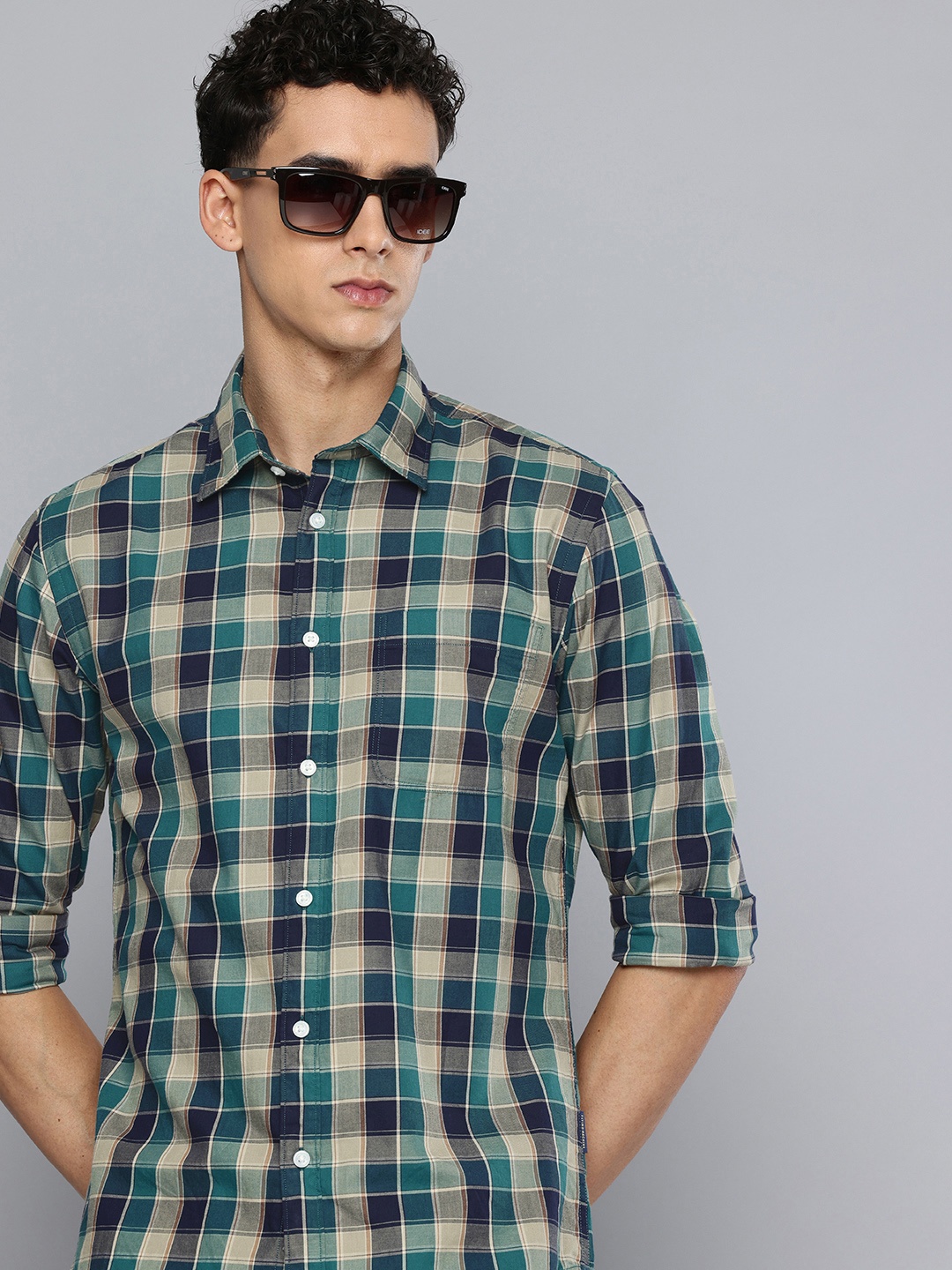 

Flying Machine Pure Cotton Slim Fit Opaque Checked Casual Shirt, Teal