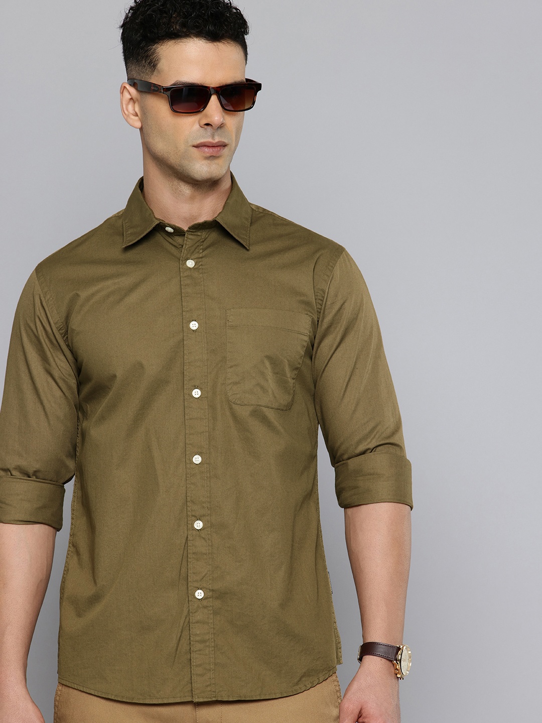 

Flying Machine Pure Cotton Slim Fit Opaque Casual Shirt, Olive
