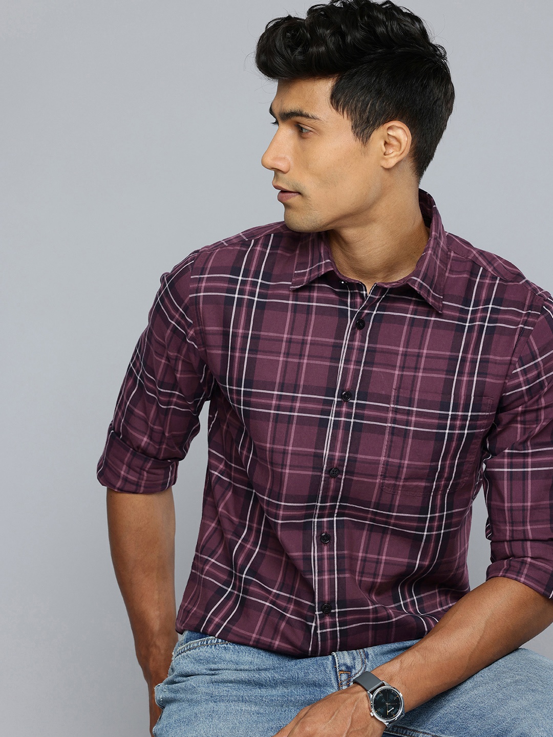 

Flying Machine Slim Fit Checked Pure Cotton Casual Shirt, Maroon