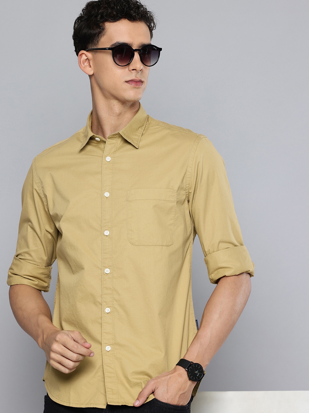 

Flying Machine Pure Cotton Slim Fit Opaque Casual Shirt, Khaki