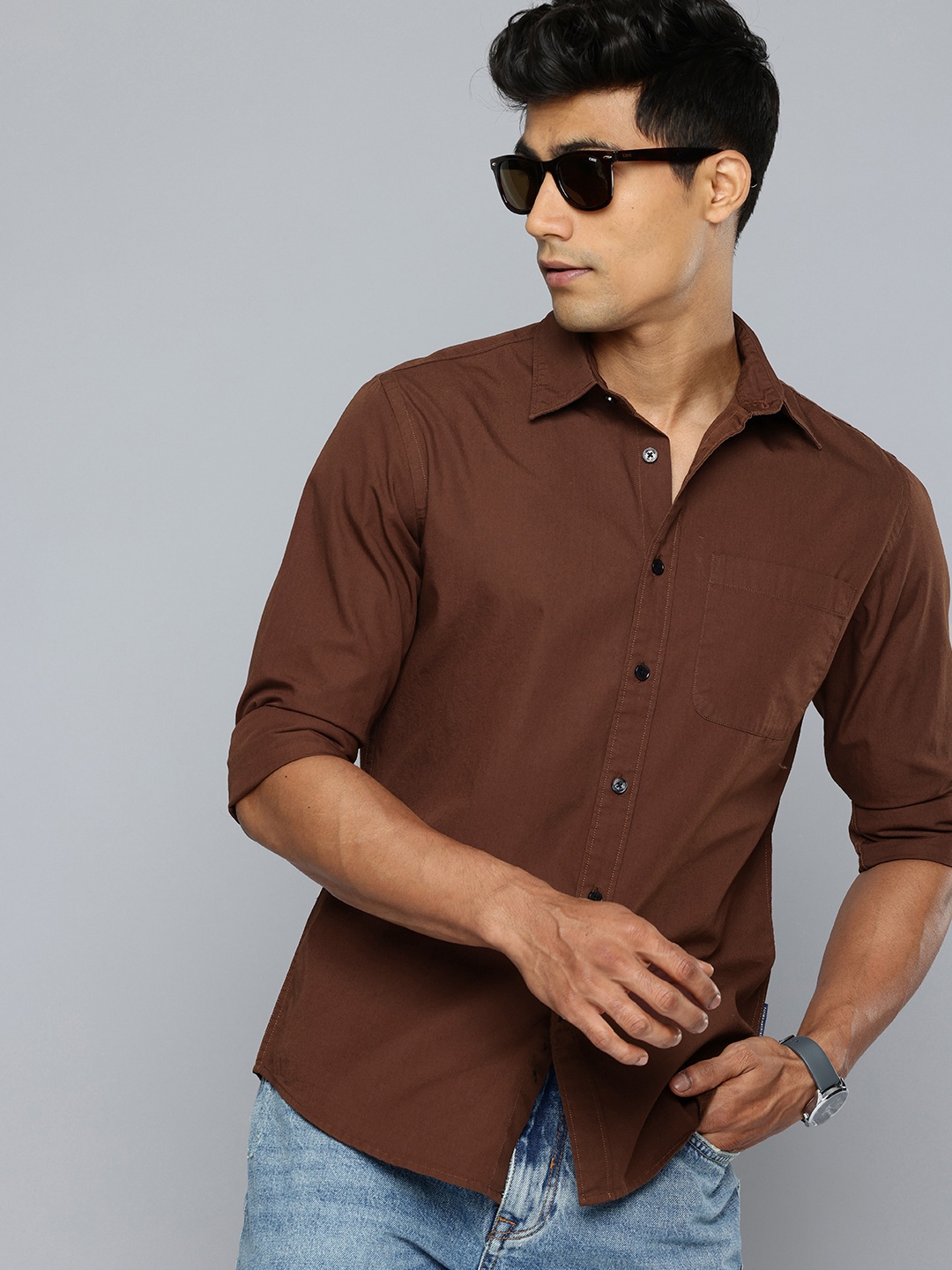 

Flying Machine Pure Cotton Slim Fit Casual Shirt, Coffee brown