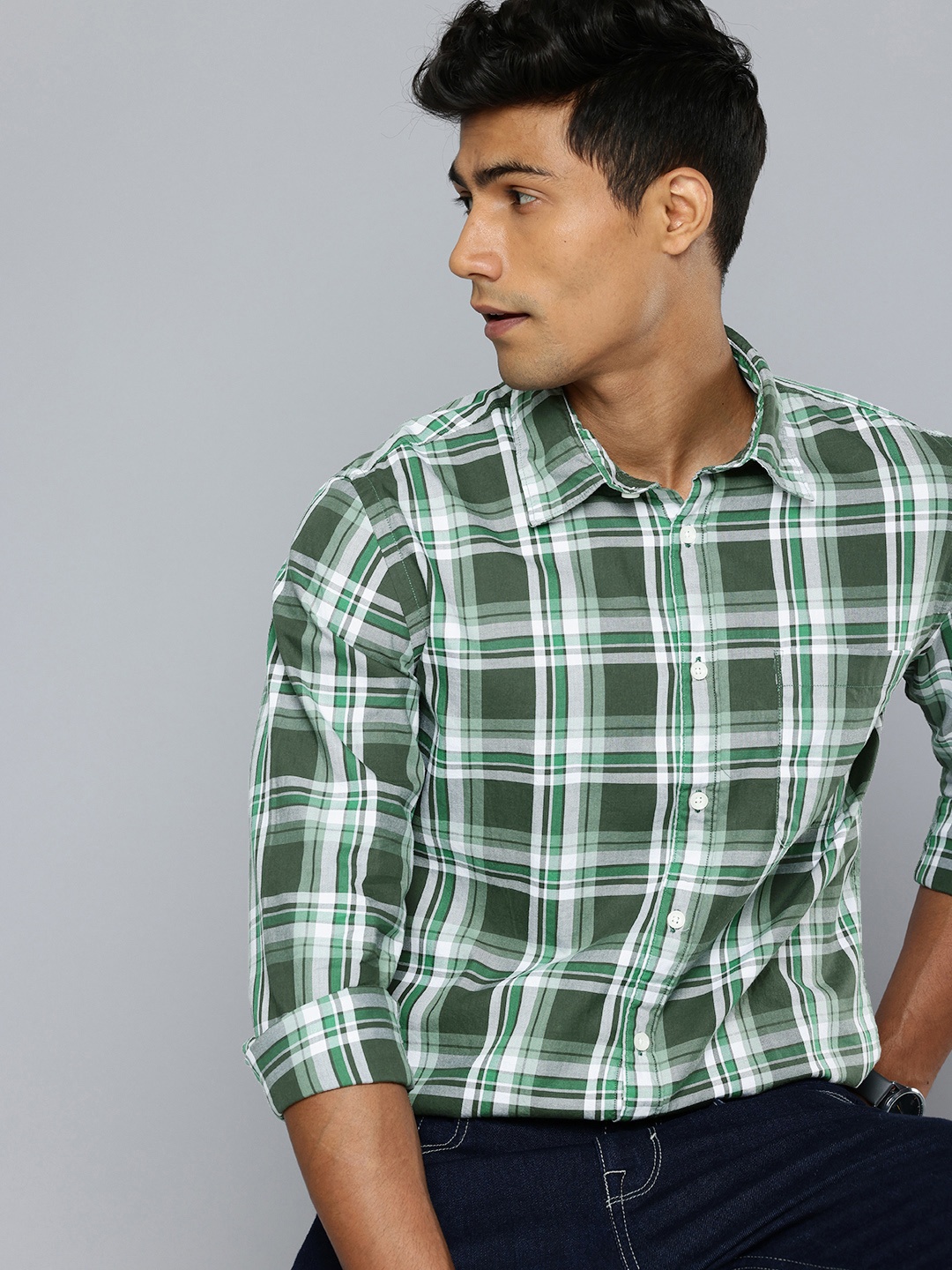 

Flying Machine Slim Fit Checked Pure Cotton Casual Shirt, Green