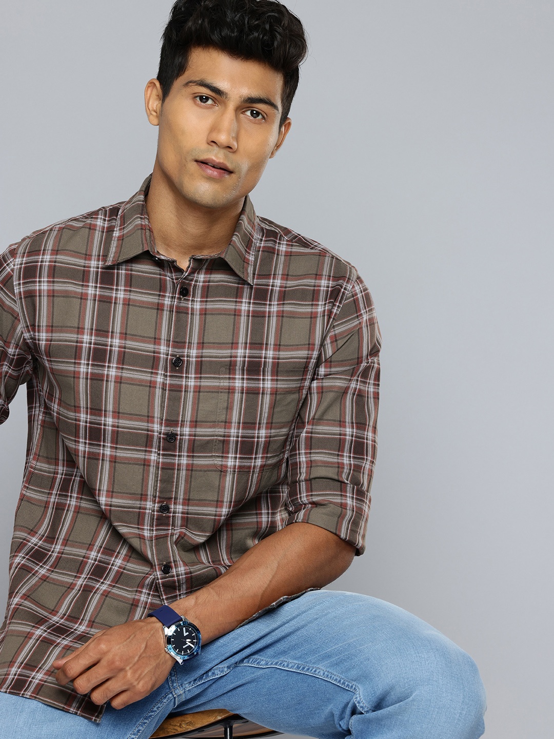 

Flying Machine Slim Fit Checked Pure Cotton Casual Shirt, Brown