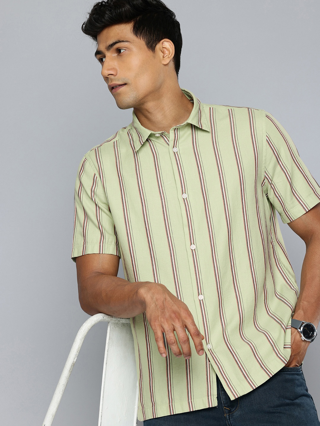 

Flying Machine Pure Cotton Striped Casual Shirt, Green