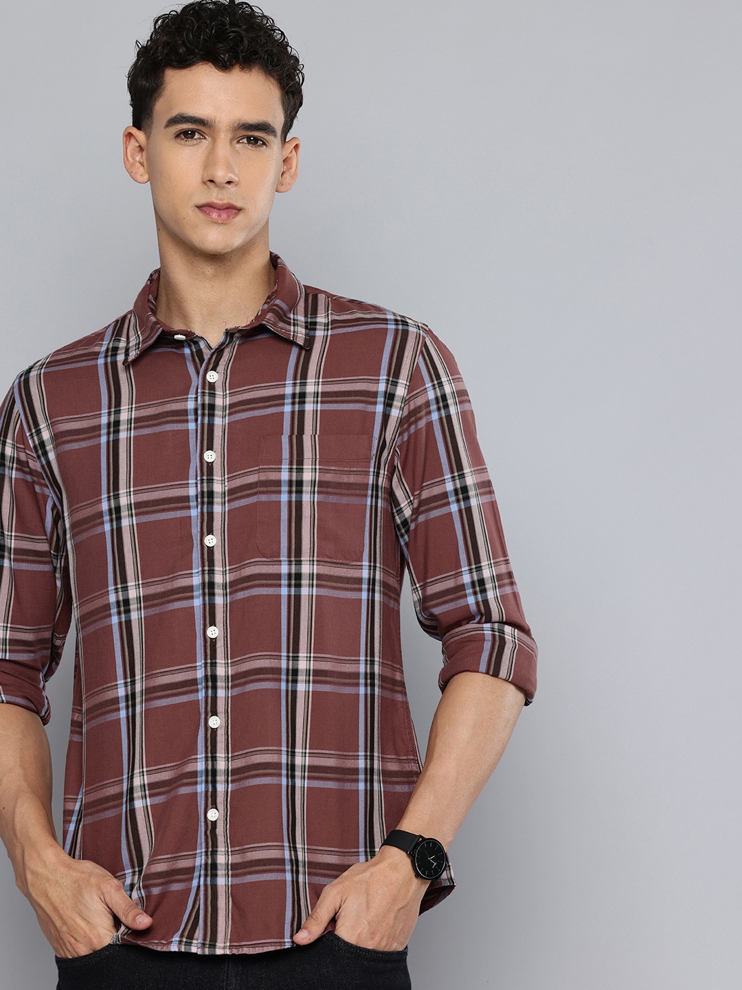 

Flying Machine Slim Fit Tartan Checked Casual Shirt, Brown