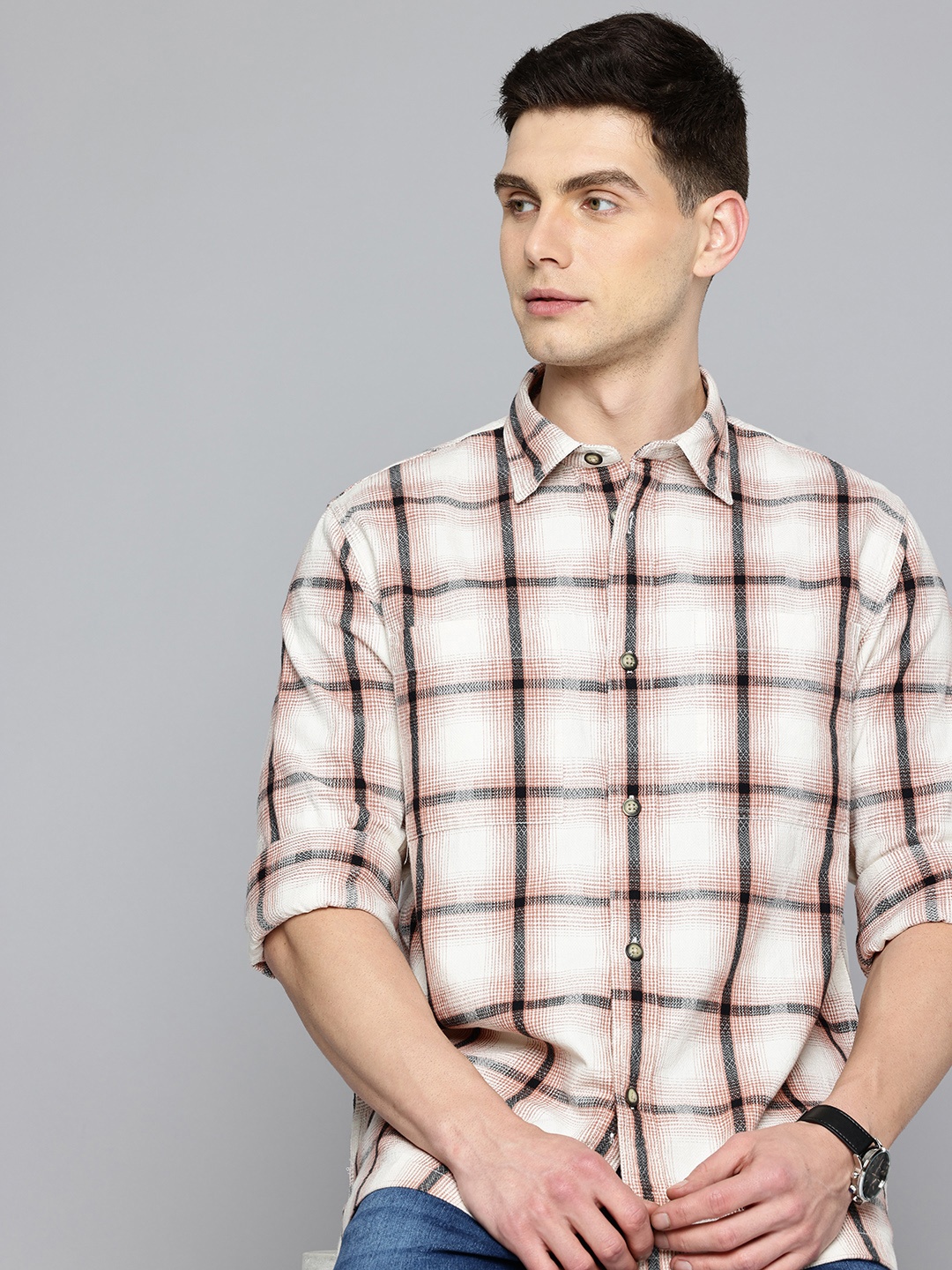 

Flying Machine Pure Cotton Tartan Checks Casual Shirt, Beige
