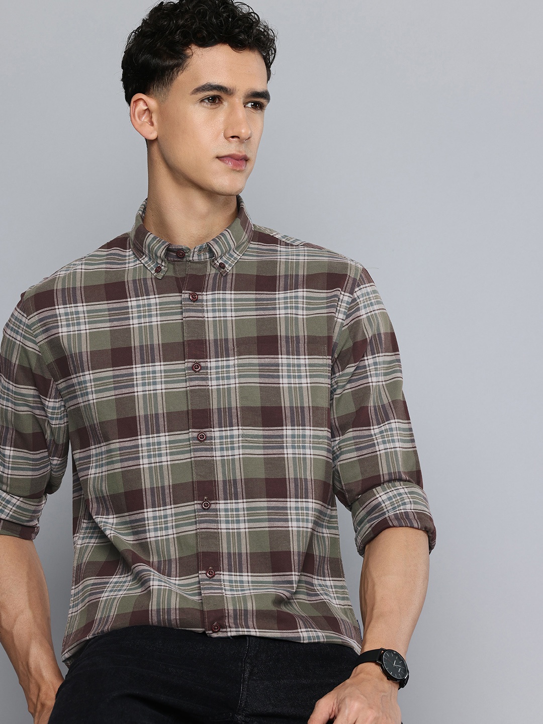 

Flying Machine Pure Cotton Slim Fit Checked Casual Shirt, Olive