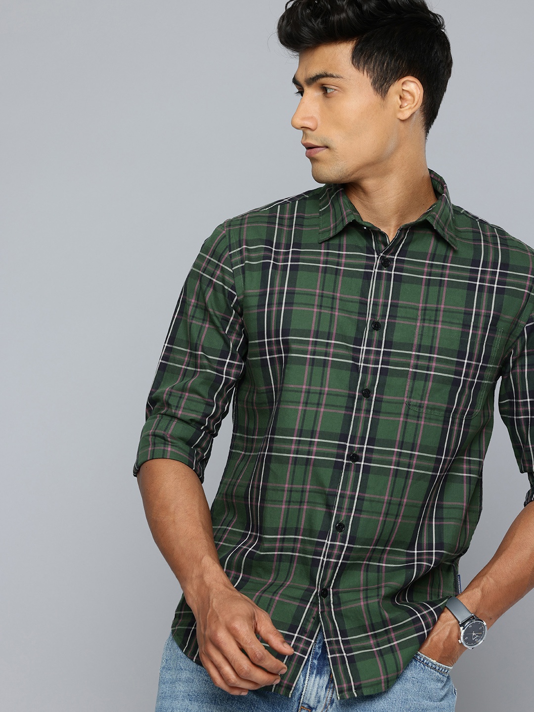 

Flying Machine Slim Fit Checked Pure Cotton Casual Shirt, Green