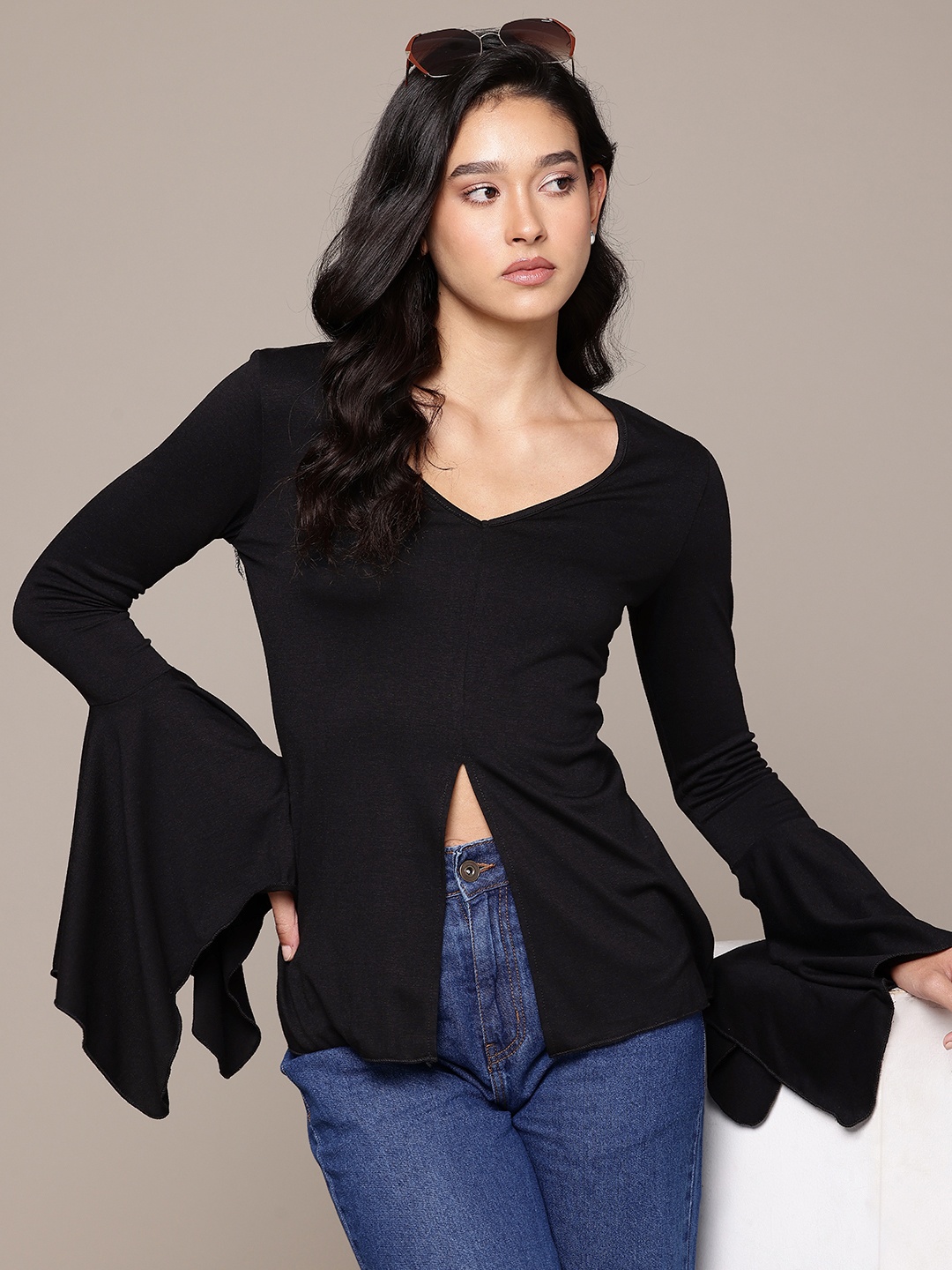 

The Roadster Life Co. Front Slit Bell Sleeve Top, Black