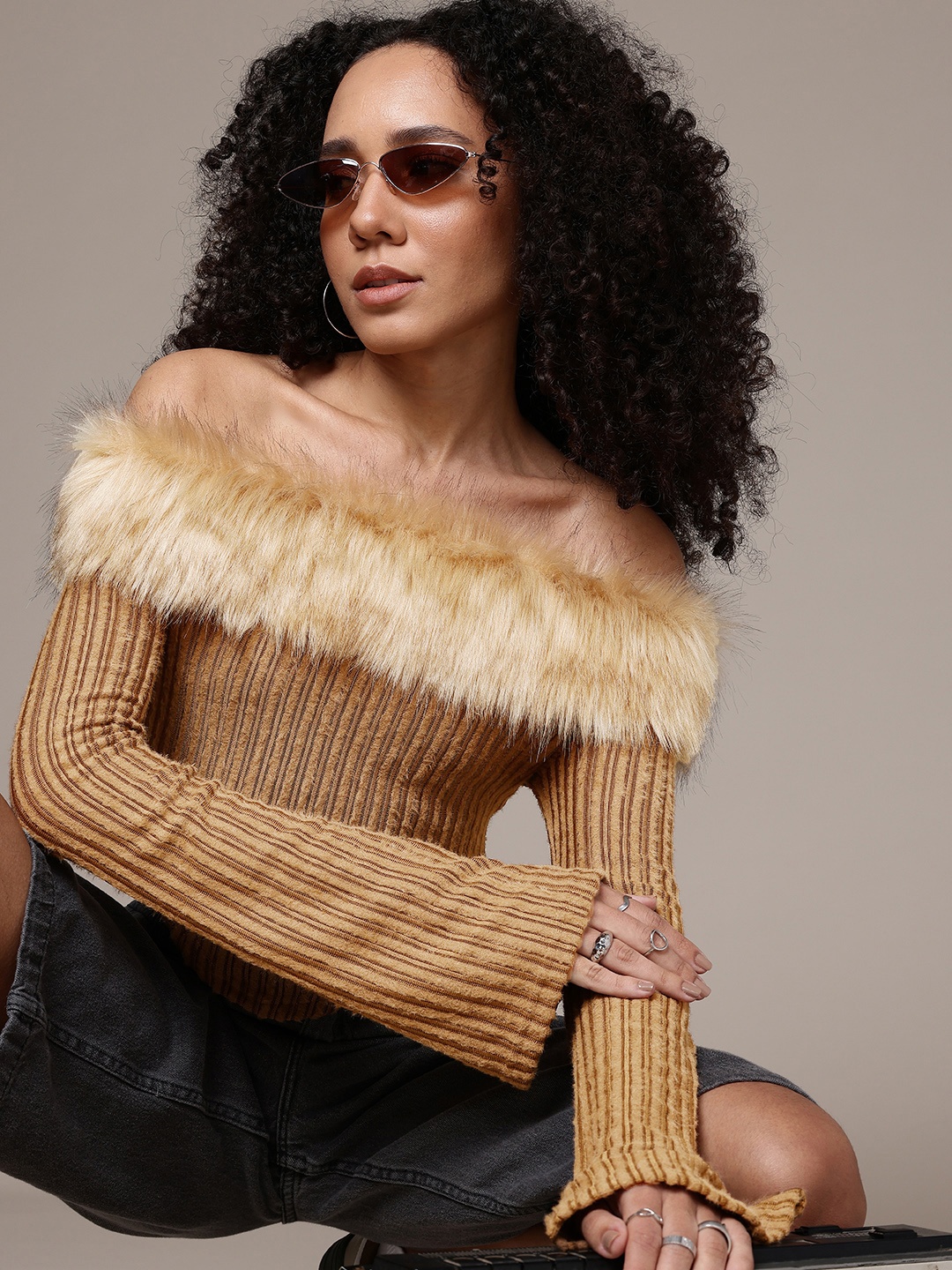 

The Roadster Life Co. Striped Faux Fur Off-Shoulder Top, Brown