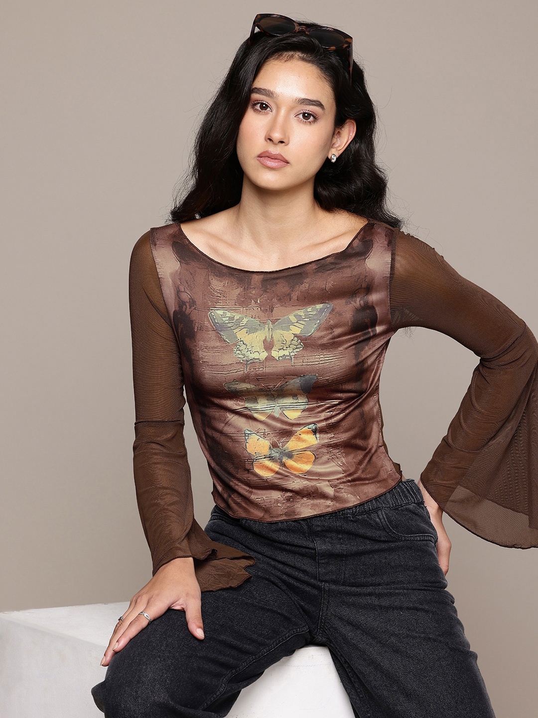 

The Roadster Life Co. Printed Bell Sleeves Fitted Crop Top, Brown
