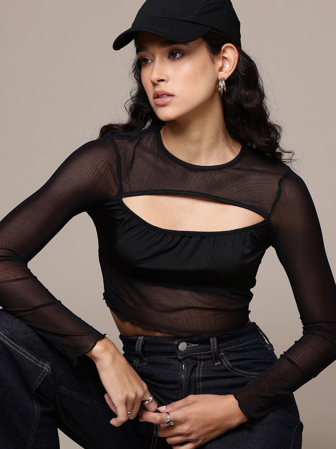 

The Roadster Life Co. Semi Sheer Cut Out Detailed Crop Top, Black