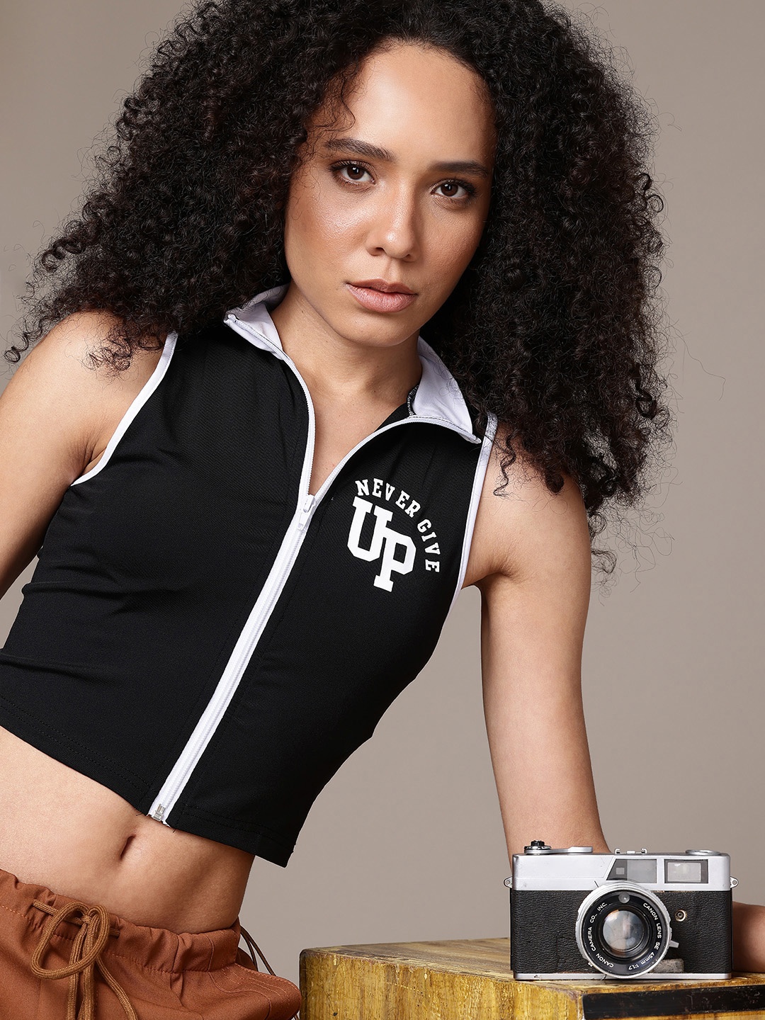

The Roadster Life Co. Zip-Up Typography Printed Crop Top, Black