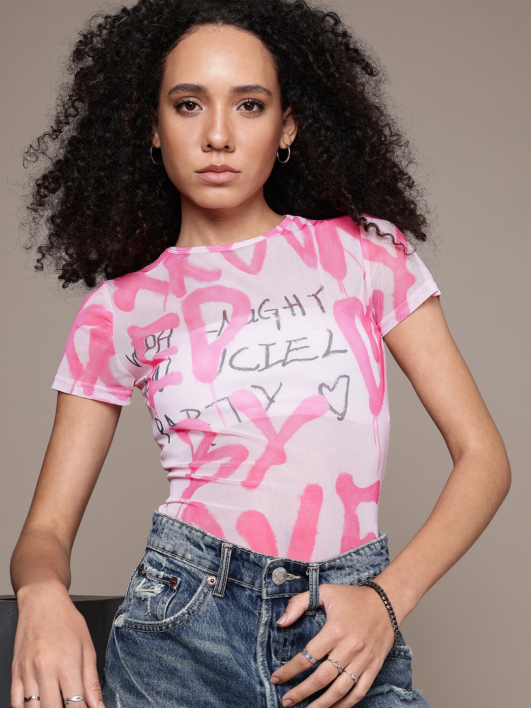 

The Roadster Life Co. Typography Printed Sheer Mesh Fitted Top, Pink