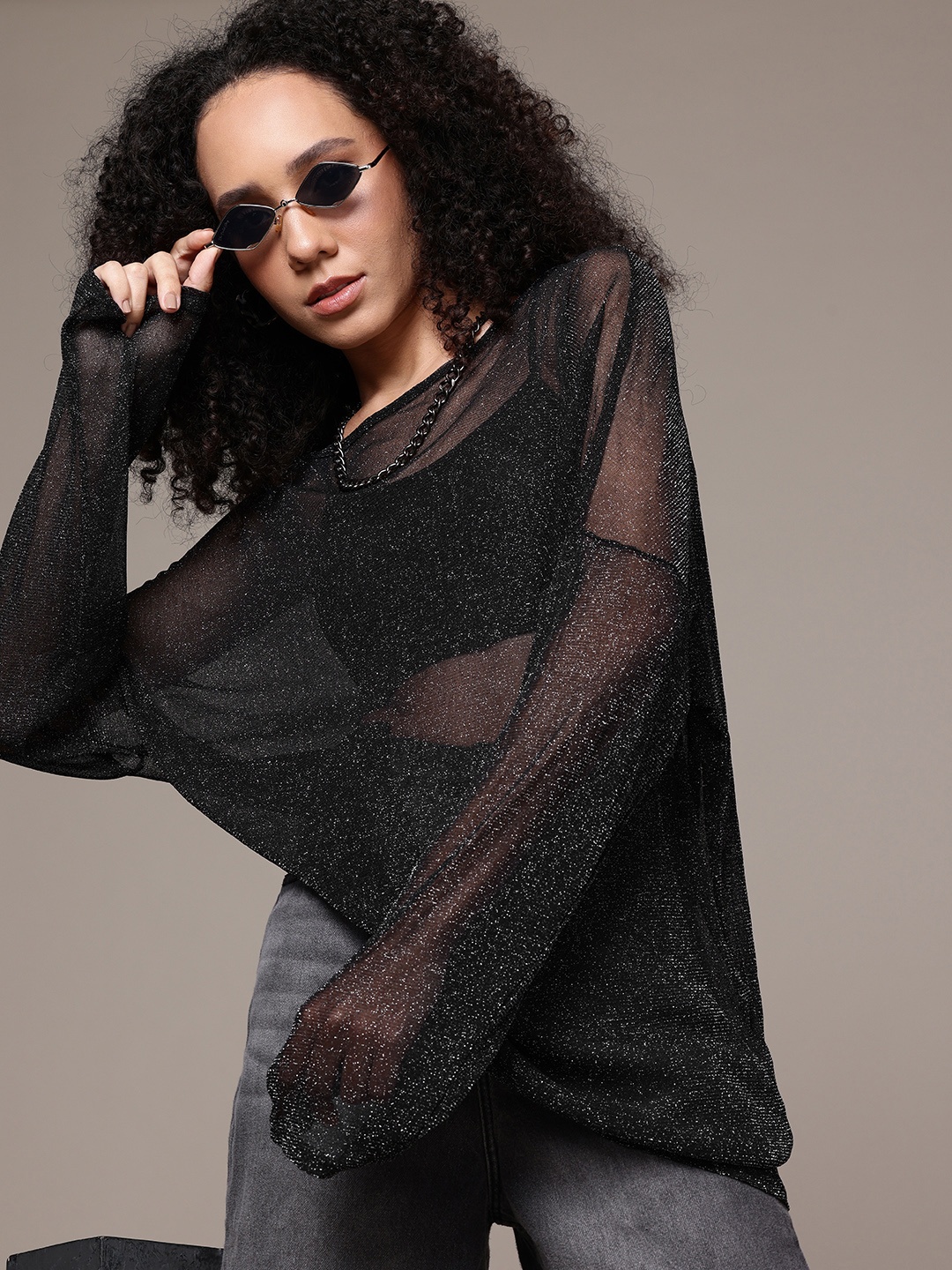 

The Roadster Life Co. Embellished Mesh Sheer Oversized Top, Black