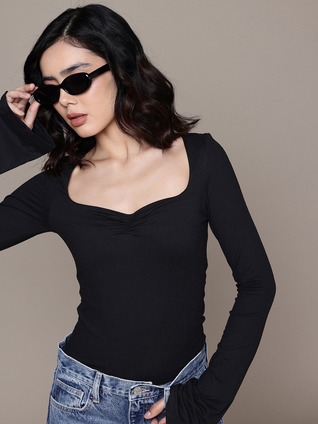

The Roadster Life Co. Sweetheart Neck Flared Sleeves Fitted Top, Black