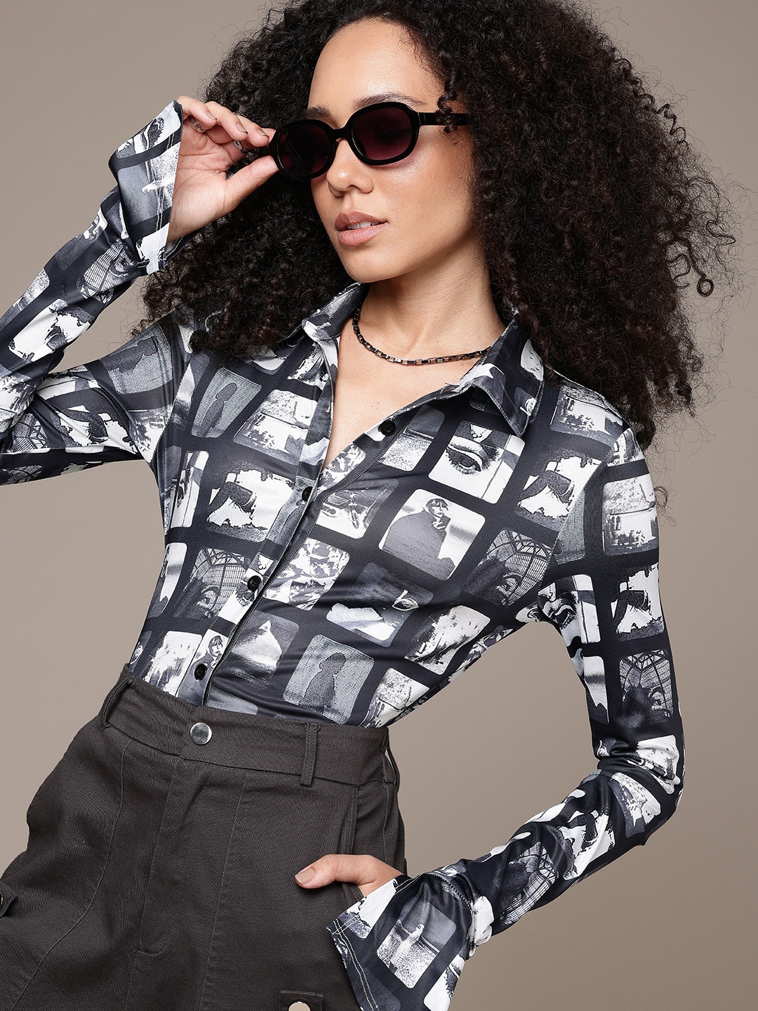 

The Roadster Life Co. Graphic Printed Bell Sleeves Shirt Style Top, Black