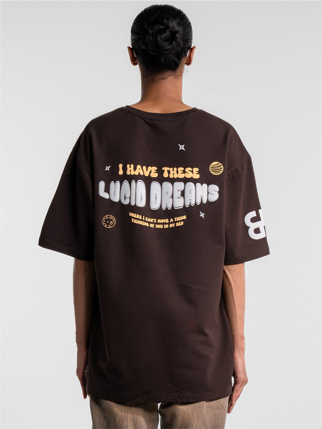 

Bad and Boujee Unisex Typography Printed Drop-Shoulder Sleeves Raw Edge T-shirt, Brown