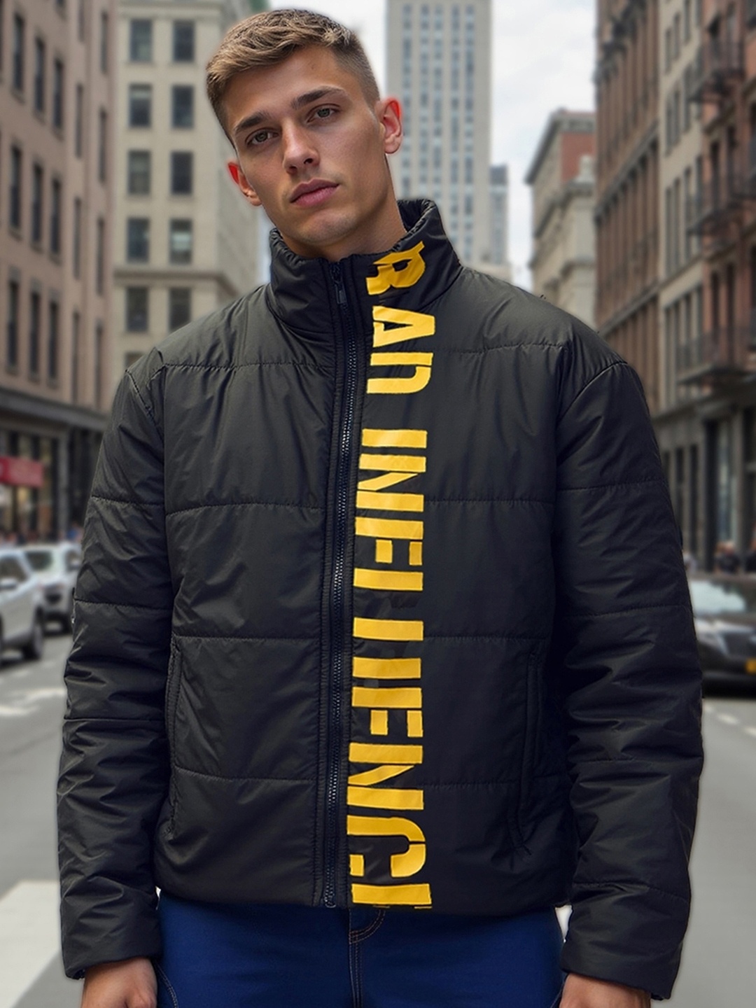 

Bewakoof Graphic Printed Oversized Puffer Jacket, Black
