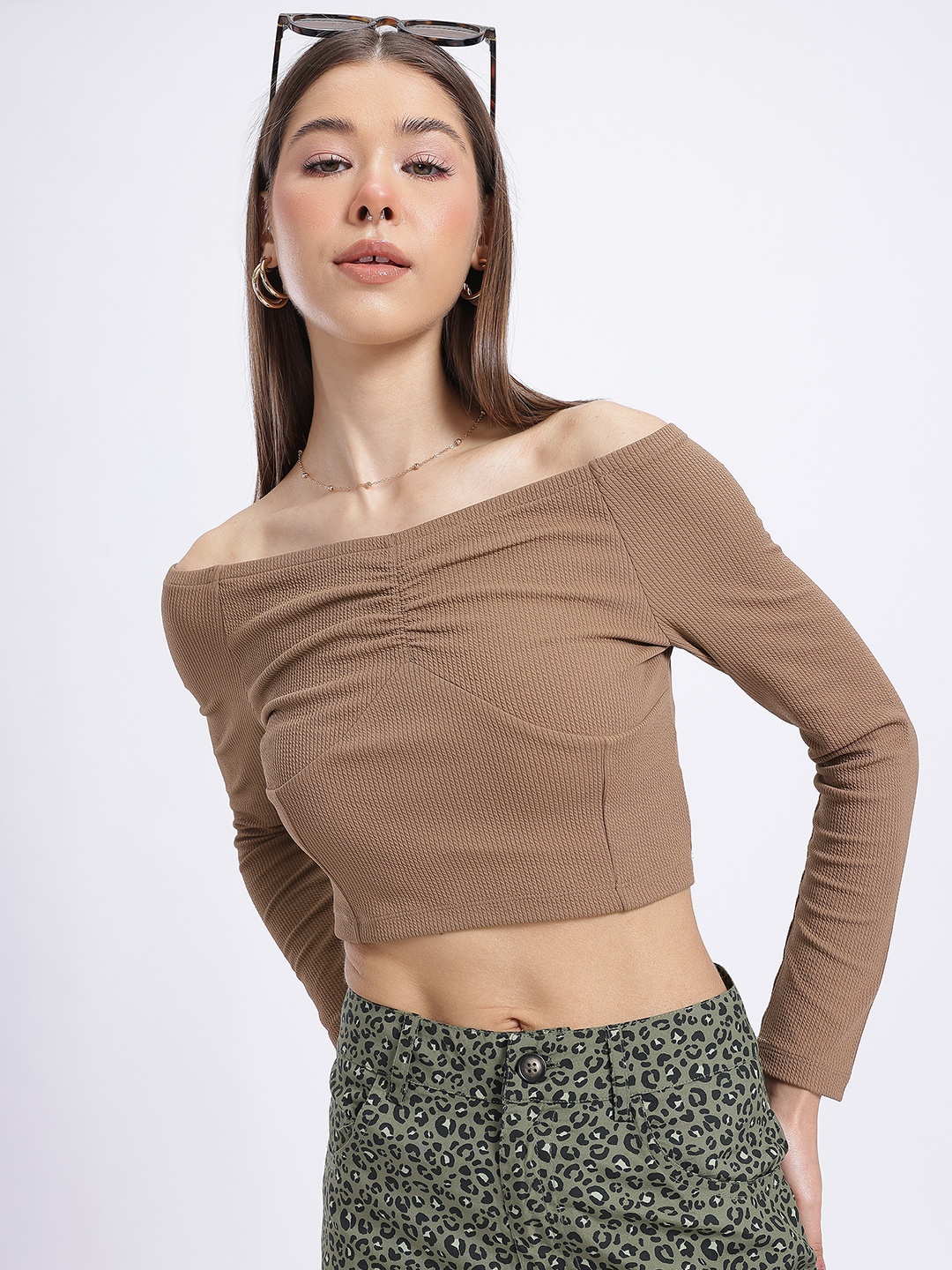 

glitchez Cutie Couture Ribbed Ruched Off-Shoulder Bardot Crop Top, Brown