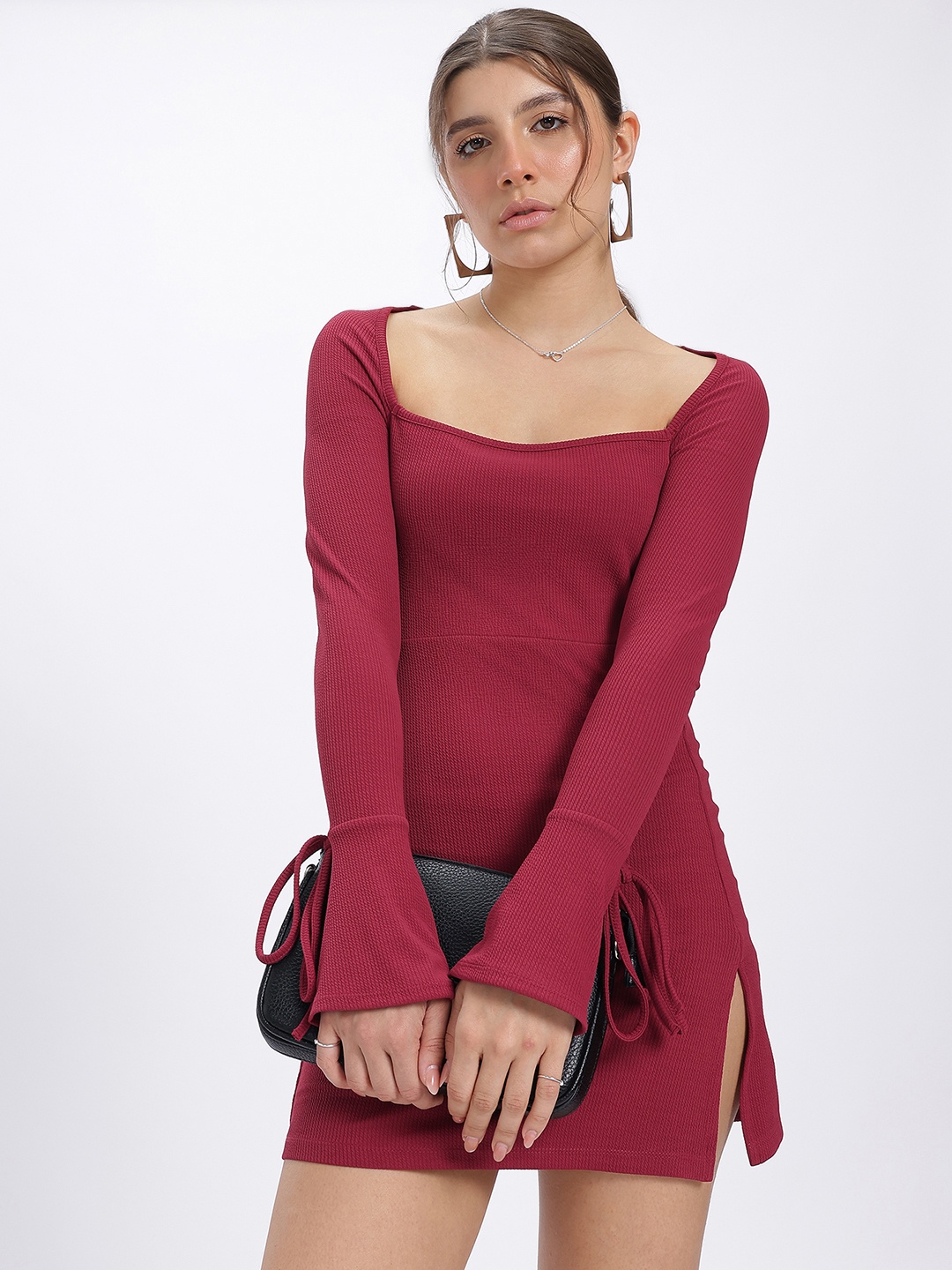 

glitchez Blush & Bold Side Slits Tie-Up Ribbed Mini A-Line Dress, Maroon