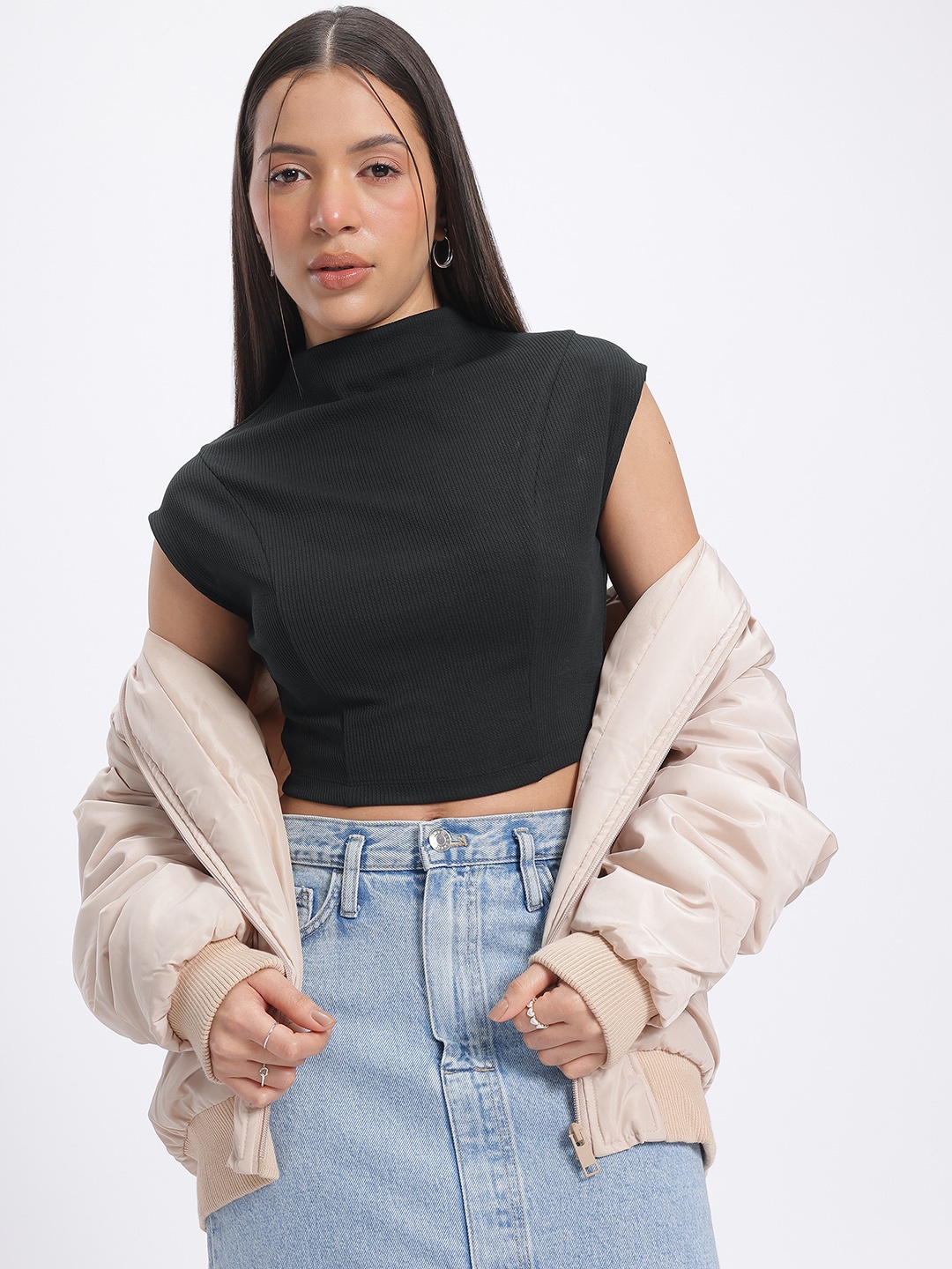 

glitchez Aesthetically Ribbed High Neck Cap Sleeves Crop Fitted Top, Black