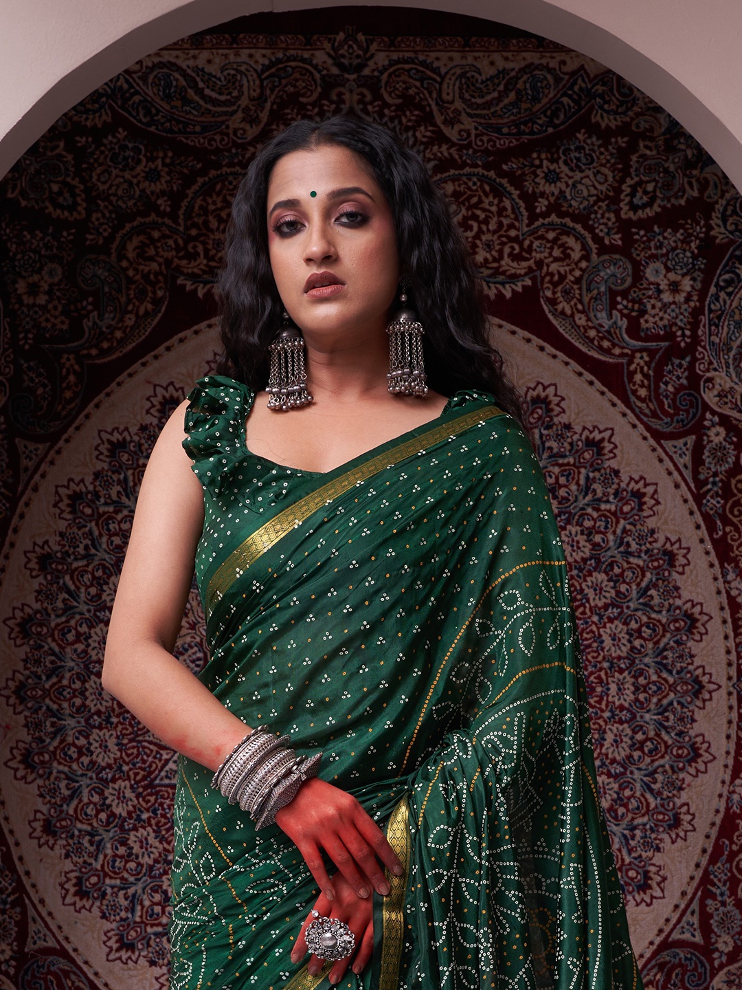 

Bandhanivilla Bandhani Printed Zari Pure Silk Bandhani Saree, Green