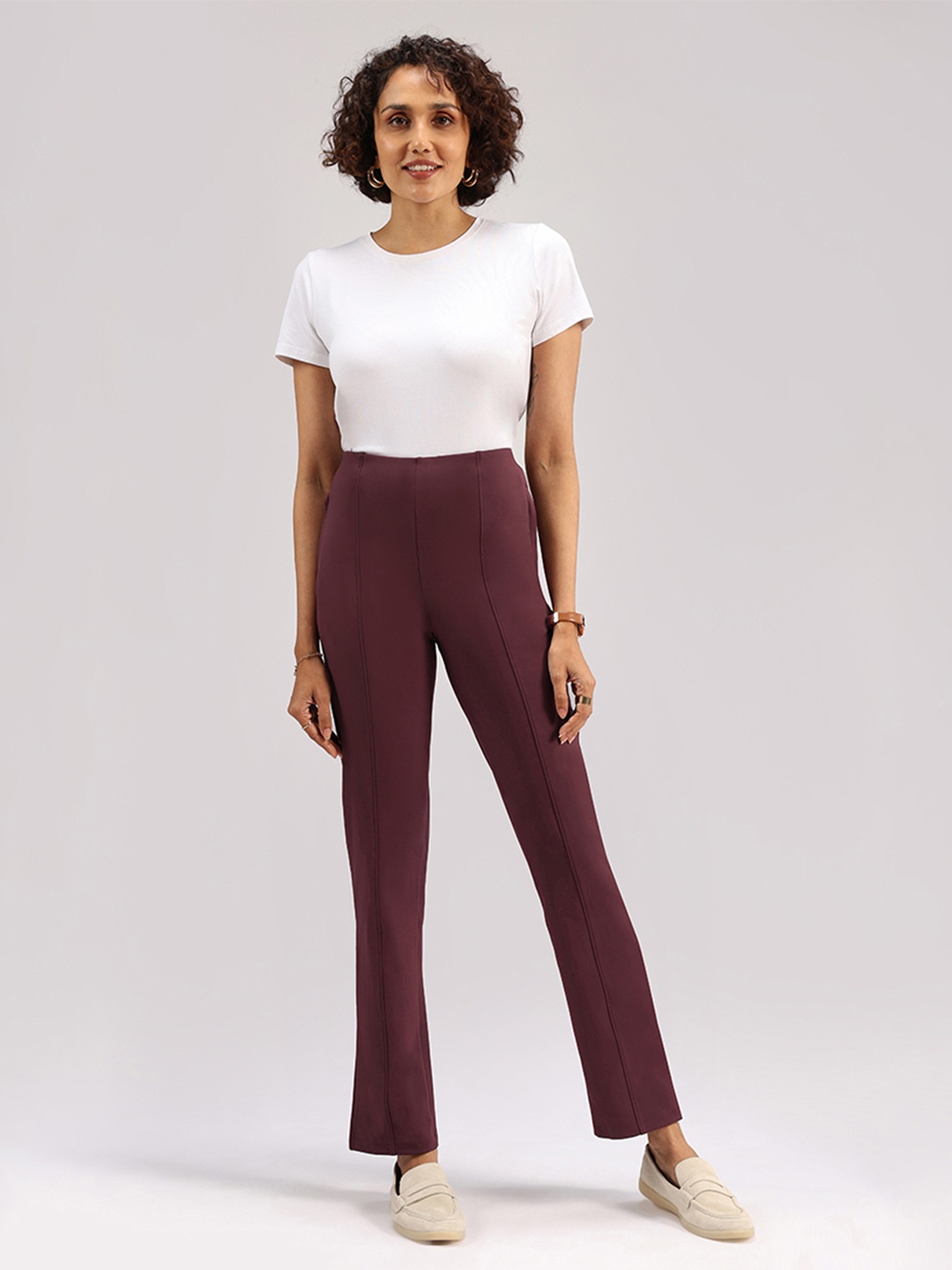 

Blissclub Women Straight Fit High-Rise Flat-Front Trousers, Purple