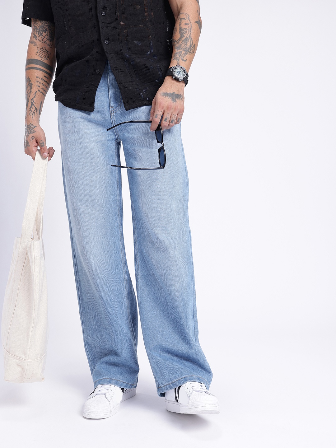 

glitchez Men Breezy Energy Wide Leg Light Fade Jeans, Blue