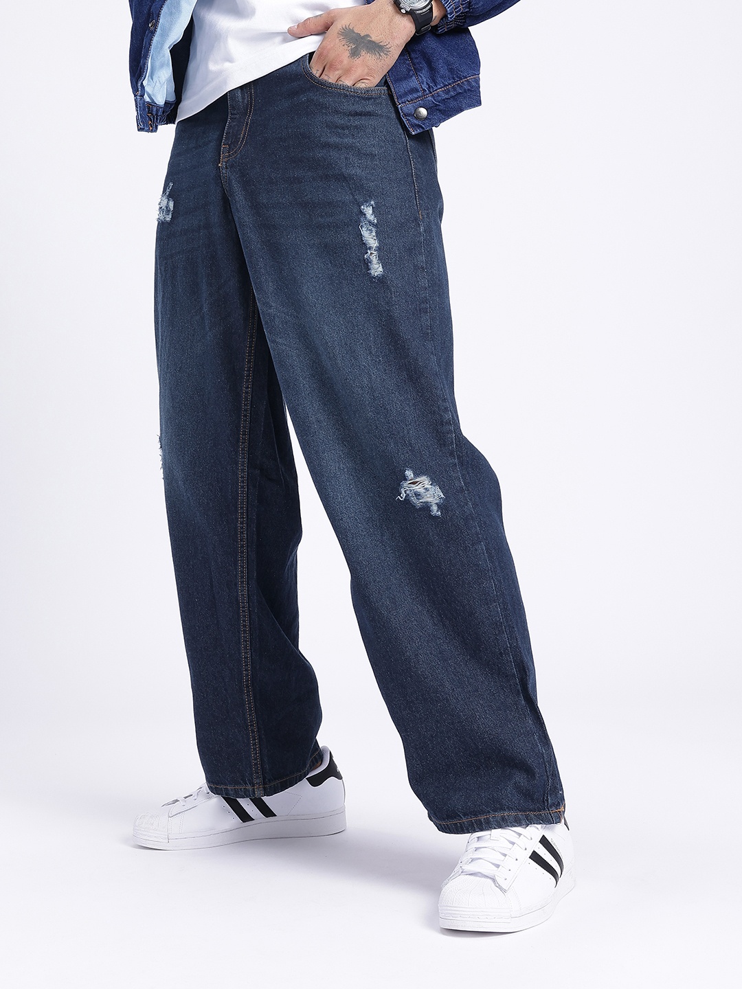 

glitchez Men Steezy Smooth Baggy Low Distress Light Fade Jeans, Navy blue