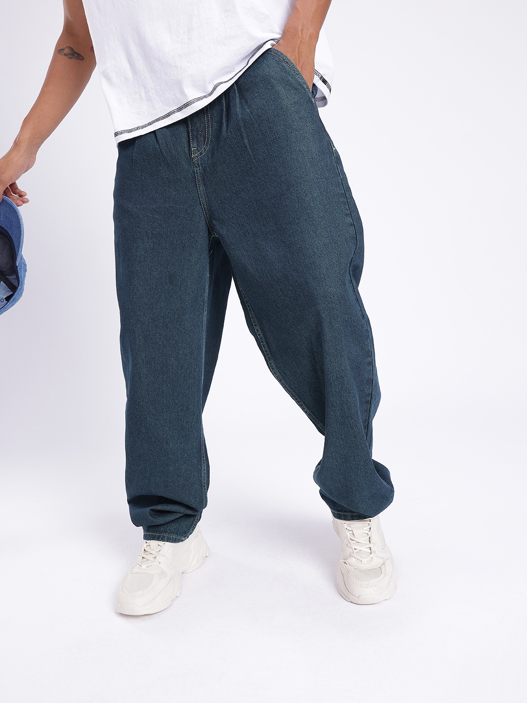 

glitchez Men Street Cool Loose Fit Pleated Jeans, Blue