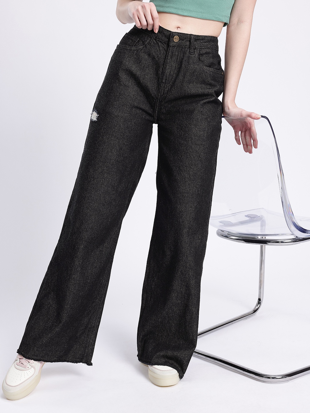 

glitchez Women Timeless Classic Baggy Wide Leg High-Rise Ripped Frayed Jeans, Black