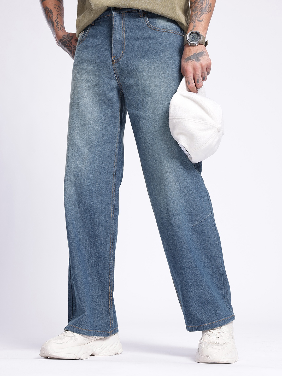 

glitchez Men Classic Cool Wide Leg Light Fade Jeans, Blue