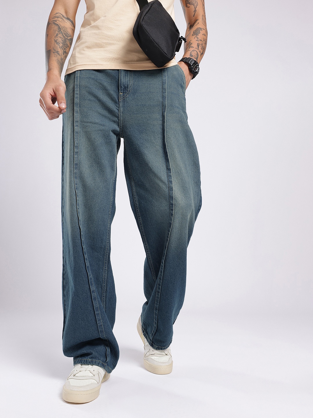 

glitchez Men Urban Touch Wide Leg Light Fade Jeans, Blue